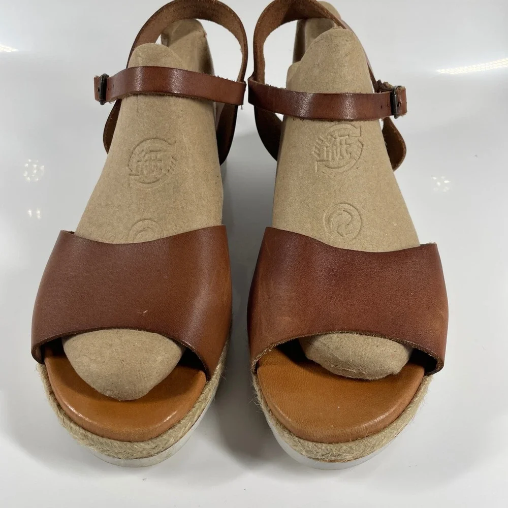 Sz 9.5-10 Bertuchi Brown Leather Espadrille Platform Sandals Made in Spain